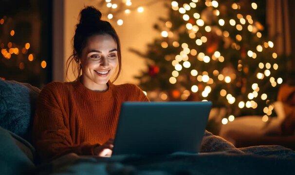 Young woman smiling while working or shopping online on laptop at home, christmas tree lights creating a festive atmosphere