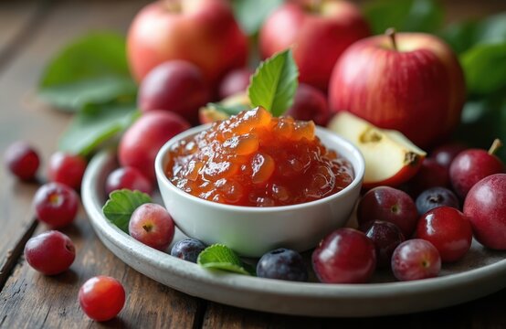 Close up studio shot presents apple and plum jam. Bowl of sweet fruity marmalade on plate with fresh plums. Organic dessert on wooden background. Healthy food concept. Natural nutrition. - Powered by Adobe