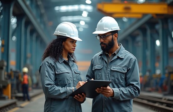 Two engineers wear hard hats discussing data on a clipboard inside a metal factory. Woman points to tablet screen, man reviews information. Teamwork on production floor.