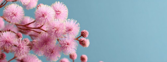 Delicate pink flowers cluster against a light teal background