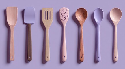 Kitchen utensils in various colors and materials,  arranged in a row