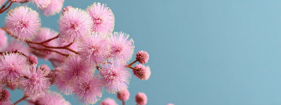 Delicate pink flowers cluster against a light teal background - Powered by Adobe
