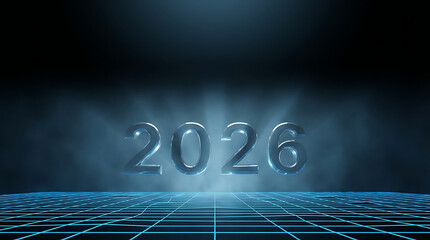 2026 futuristic digital year with glowing grid and smoke effect.