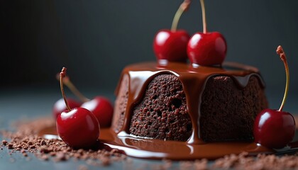 Chocolate cake with rich topping. Fresh cherries complement dessert. The cake presents an inviting look. Sweet treat perfect for any occasion. Delicious food is ready to enjoy by foodies.