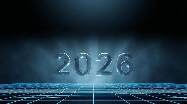 2026 futuristic digital year with glowing grid and smoke effect. - Powered by Adobe