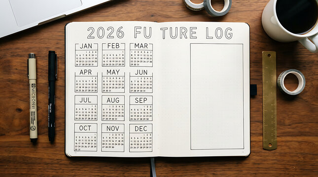 2026 Future Log Bullet Journal Setup on Wooden Desk.