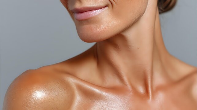 Close-up of mature Caucasian woman's neck, shoulder and jawline against gray background, showcasing natural skin texture and aging process.