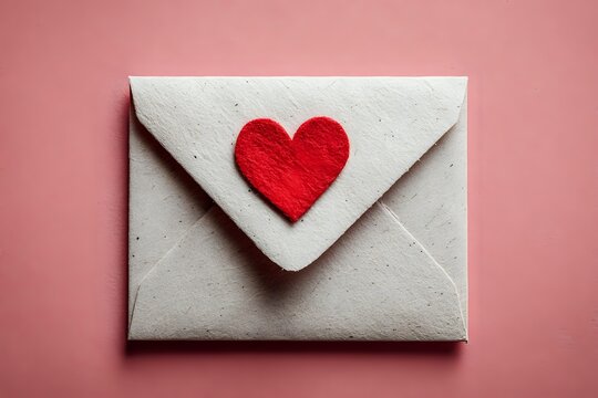 Kraft paper envelope with red felt heart on pink background, symbolizing love message or romantic correspondence.
