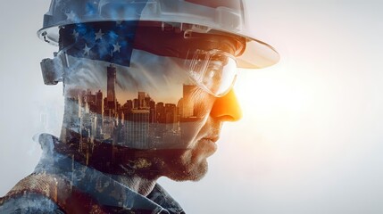 Double exposure portrait of construction worker with American flag and city skyline, symbolizing infrastructure development and patriotic labor force.