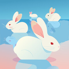 Charming Albino Rabbits on Frozen Ice Lake Surface