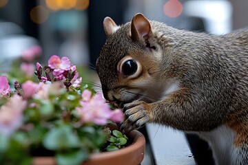 Curious gray squirrel sniffing pink flowers in terracotta pot, with paws together in contemplative pose against blurred urban background.