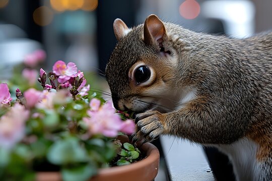 Curious gray squirrel sniffing pink flowers in terracotta pot, with paws together in contemplative pose against blurred urban background.