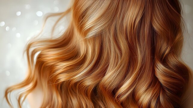 Luxurious wavy copper and blonde hair with soft highlights against blurred bokeh background, showcasing professional salon styling for beauty advertising.