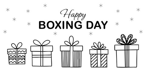 Happy Boxing Day Banner with Gift Box Illustrations Minimal Black and White Design for Holiday Sale Promotion