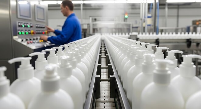 Automated production line filling white plastic bottles with liquid products in a modern factory setting, with a worker monitoring the process to ensure smooth operation
