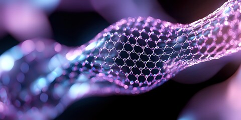 Futuristic graphene nanotube structure with purple and blue illumination, showcasing advanced carbon nanomaterial technology for scientific research.