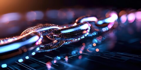 Metallic chain links with colorful neon lighting effects on dark background, symbolizing connection, strength, and digital security for business concepts.