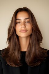 Fototapeta premium Young woman with natural freckles and long brunette hair against neutral beige background, wearing black top for beauty and fashion advertising.