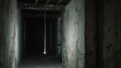 Eerie Corridor with Hanging Chain in Dimly Lit Space.
