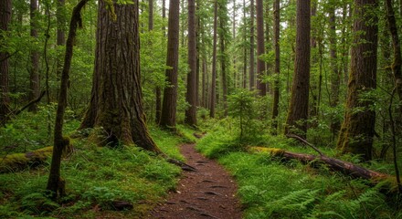 Obraz premium Lush Green Forest Path with Towering Trees