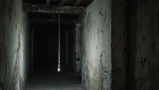 Eerie Corridor with Hanging Chain in Dimly Lit Space.