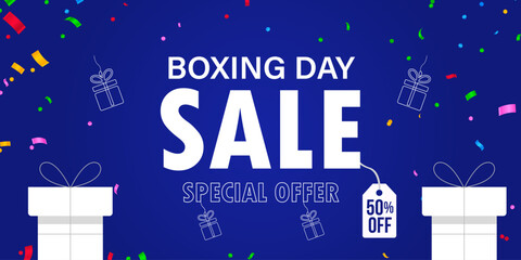 Boxing Day Sale Special Offer Banner Blue Background with Gift Boxes and Shopping Bags Up to 70% Off Promotional Design