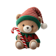 Cute plush teddy bear wearing an elf costume and holding a red and white striped candy cane