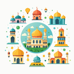 Collection of colorful Islamic mosques and minarets in various architectural styles, set against a backdrop of sky and clouds, perfect for Ramadan and Eid celebrations