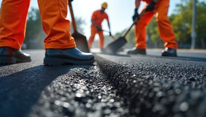 Road workers in orange uniform lay new asphalt street. Men spread fresh hot pavement on road surface. Construction team builds city infrastructure. Manual labor crew works hard on urban road