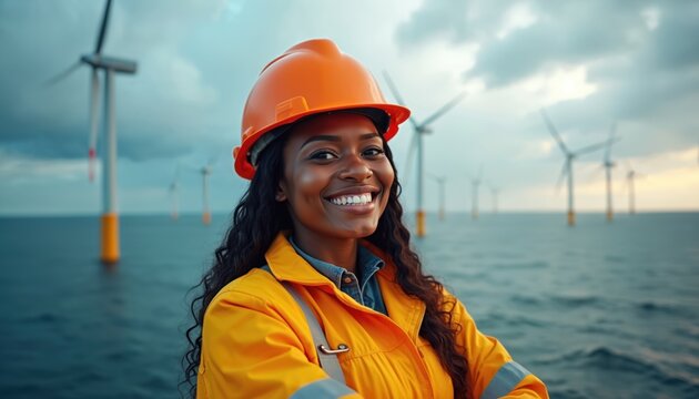 Smiling female wind turbine technician in orange hard hat and yellow jacket. Woman worker at offshore wind farm smiling. Renewable energy industry professional at work. - Powered by Adobe