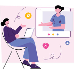 Woman Consults with Doctor Online Via Laptop Screen Showing Medical Professional with Stethoscope Discussing Health Heartbeat Monitor Icon and Search Symbol on Pastel Background