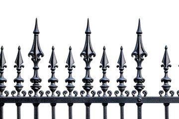 A detailed view of an ornate black wrought iron fence with pointed finials against a plain white background. ideal for architectural design or decorative purposes