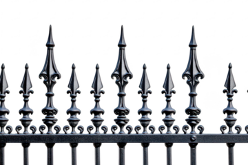 A detailed view of an ornate black wrought iron fence with pointed finials against a plain white background. ideal for architectural design or decorative purposes