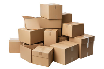 A large stack of various cardboard boxes of different sizes arranged haphazardly. their brown color and tape closures. set against a plain white background. ideal for packaging or shipping concepts