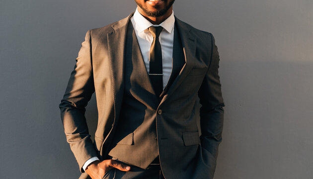 Successful businessman in a tailored suit exudes confidence and style, perfect for corporate branding and professional development materials and leadership presentations