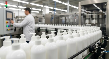 Obraz premium Production line of white plastic bottles with a worker operating machinery in a manufacturing facility