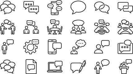 Communication chat icons collection with speech bubbles, conversation symbols, messaging elements, teamwork discussion signs, outline line style vector illustration