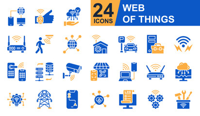 Web Of Things Icons set vector illustration. Containing Wearable Technology, Motion Sensor, Data Transfer, Wireless Access, Cloud Monitoring and more. Simple solid icons collection.