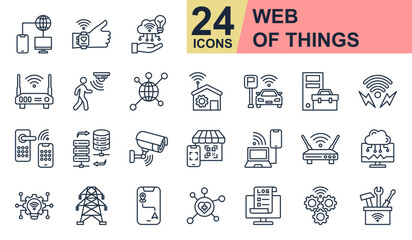 Web Of Things Icons set vector illustration. Containing Wearable Technology, Motion Sensor, Data Transfer, Wireless Access, Cloud Monitoring and more. Simple line icons collection.