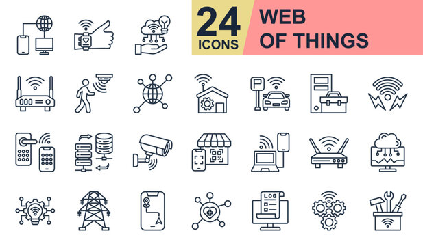 Web Of Things Icons set vector illustration. Containing Wearable Technology, Motion Sensor, Data Transfer, Wireless Access, Cloud Monitoring and more. Simple line icons collection.