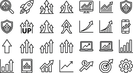 Growth progress arrow icons set showing business success, financial increase, data analytics improvement, upward trends and performance boost vector illustration