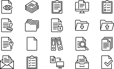 Document management line icons set for files, folders, data organization, secure records, digital archive, paperwork workflow, office administration tools