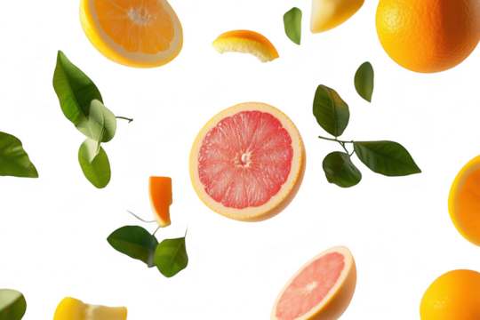 A display of floating citrus fruits. including oranges and grapefruits. surrounded by green leaves. against a minimalist white background. perfect for fresh food promotions or health-related content - Powered by Adobe