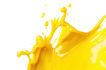 A splash of yellow paint against a white background. capturing the dynamic movement and energy of the liquid as it arcs and splatters. ideal for creative projects and design use