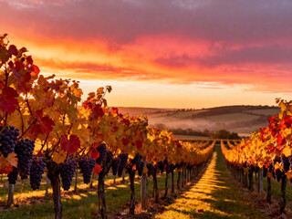 vineyard at sunset with colorful grape clusters and autumn leaves in the foreground, rows of vines leading to rolling hills under an orange sky.