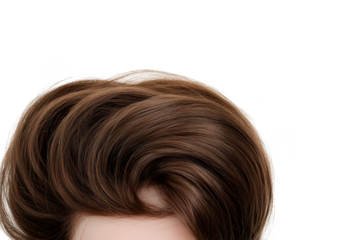Close-up view of a stylish. voluminous brown hairstyle on a mannequin head against a plain white background. hair texture and color for hairstyling inspiration