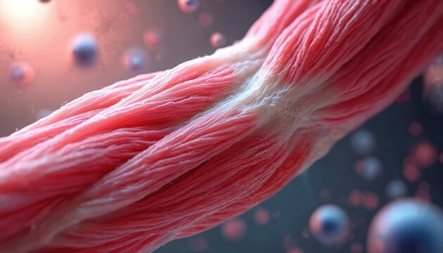 Close up view shows human muscle fibers. Fibers appear healthy, strong. Muscle cells weakened, illustrating disease disorder like dystrophy. Medical illustration muscular health, degeneration.