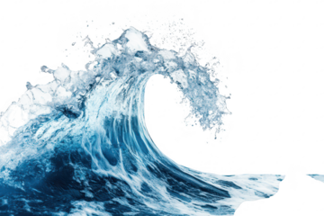 A powerful ocean wave crashing with dynamic splashes against a serene white background. capturing the raw energy of nature. ideal for illustrating themes of strength and tranquility