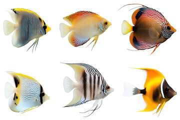 A collection of six tropical fish diverse colors and patterns. swimming gracefully against a clean white background. ideal for marine life enthusiasts and educational materials