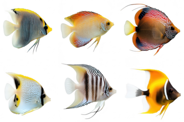 A collection of six tropical fish diverse colors and patterns. swimming gracefully against a clean white background. ideal for marine life enthusiasts and educational materials